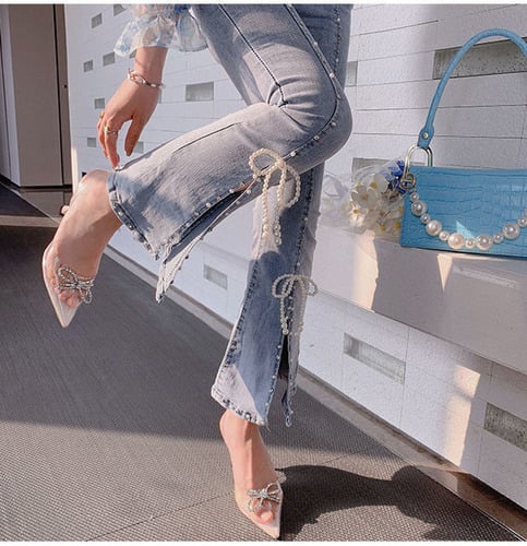 Chic Pearl Bowknot Bead High Waist Jeans