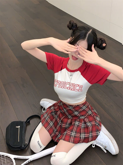 Red Plaid Pleated Mini Skirt