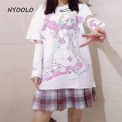 Angel Steampunk Anime Girl Cartoon Print Loose Short Sleeve T-shirt Top Summer Causal Goth Punk E-Girl Kawaii Korean Japanese Harajuku Streetwear