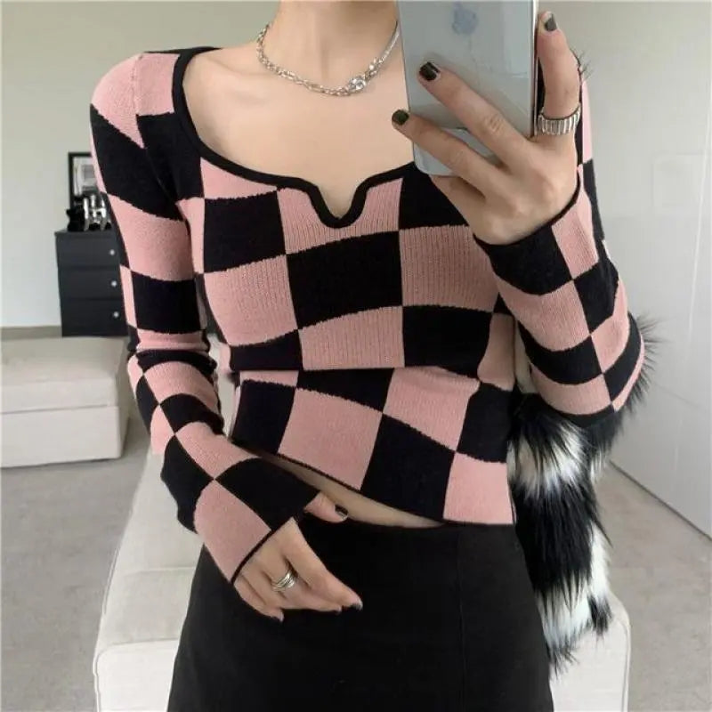 Pink & Black Checkboard Knit Sweater