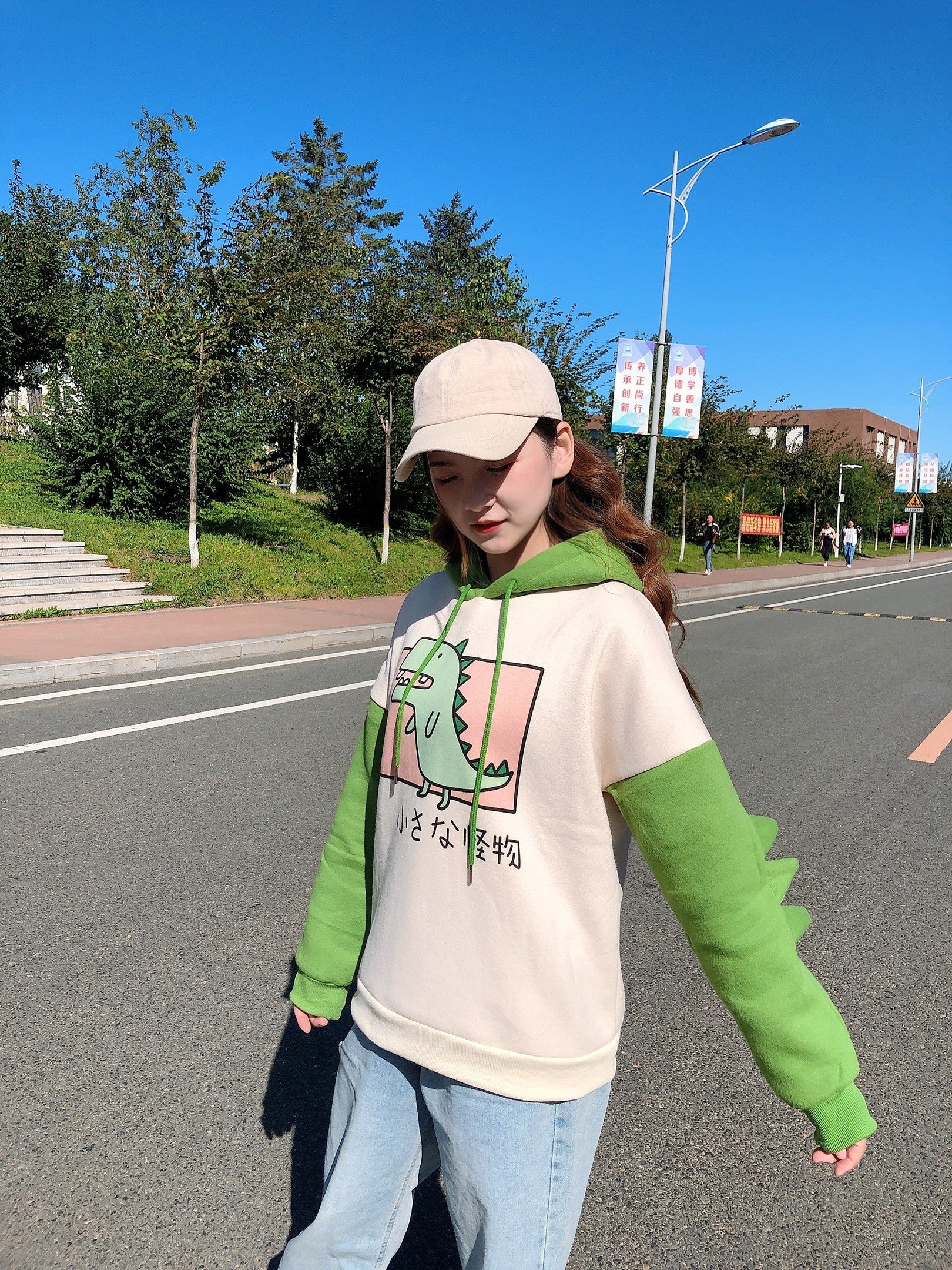 Cute 3D Funny Dinosaur Cartoon Hoodie With Horns Sweatshirt Sweater Long Sleeve Pullover Cosplay E-Girl Kawaii Korean Japanese Harajuku Streetwear