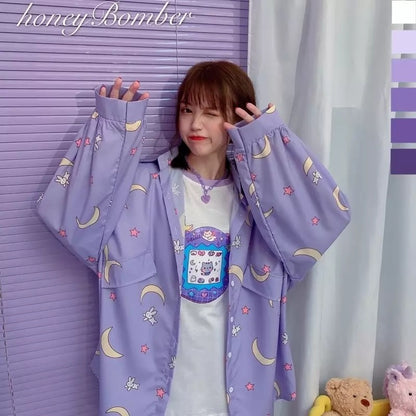 Pastel Purple Anime Star Moon Cartoon Blouse Oversized Long Sleeve Shirt Loose Button Autumn Winter E-Girl Kawaii Korean Japanese Harajuku Streetwear