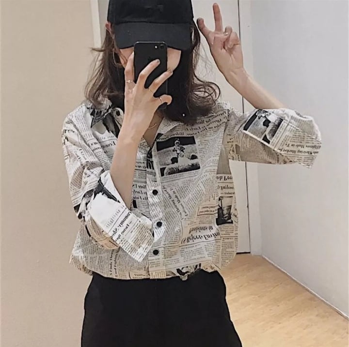 Cute Vintage Newspaper Letter Print Button Up Long Sleeve Shirt Blouse Top Aesthetic Casual E-Girl Kawaii Korean Japanese Harajuku