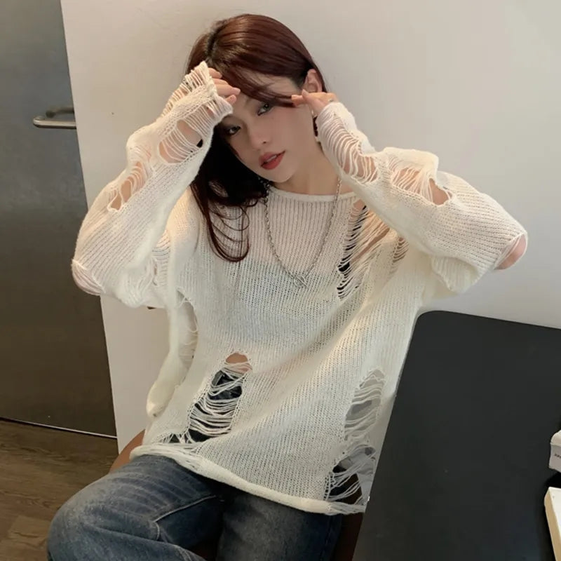 White Hole Ripped Long Sleeve Sweater