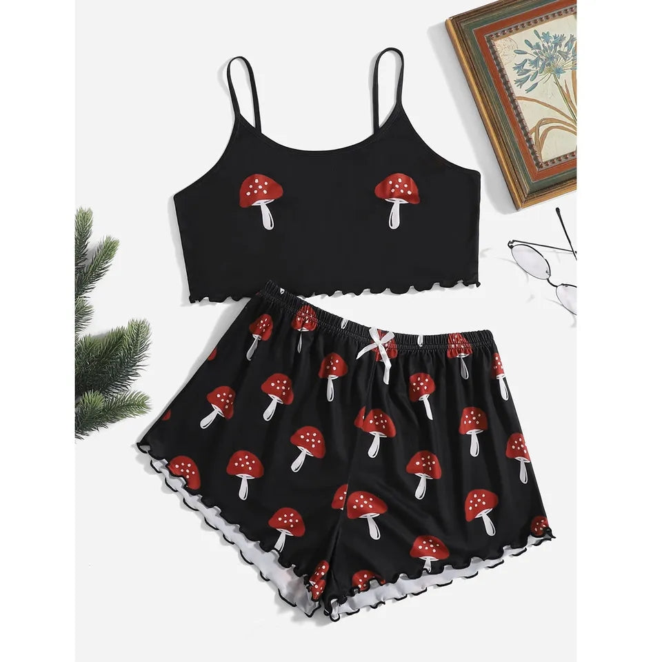2PCS Mushroom Camisole + Shorts Pajama Set