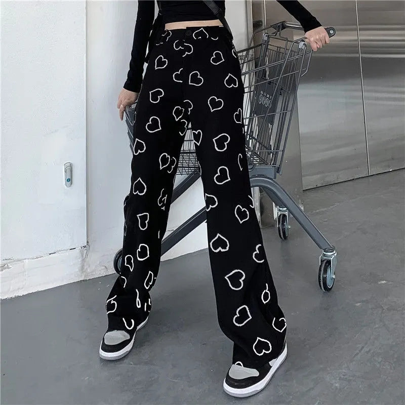 Black Heart Print High Waist Pants