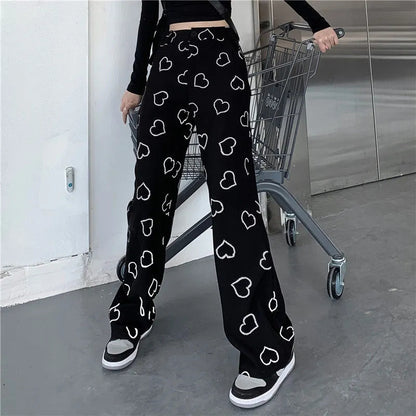 Black Heart Print High Waist Pants