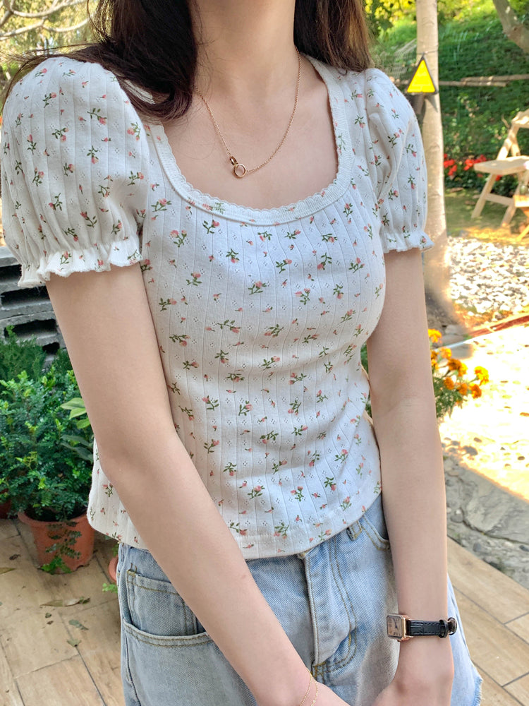 White Floral Puff Sleeve Square Collar Top