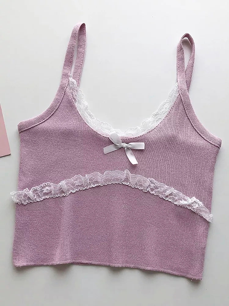 Patchwork Lace Bow Knit Camisole Crop Top