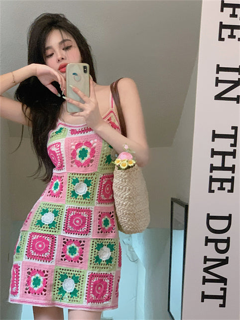 Pink Crochet Square Mini Dress