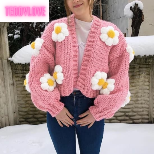 Cute Pink Daisy Flower Knit Crochet Loose Cardigan Long Sleeve V Neck Sweater Aesthetic E-Girl Kawaii Korean Japanese Harajuku