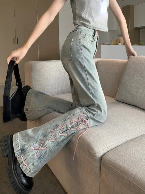 Pink Lace Up High Waist Flare Pants