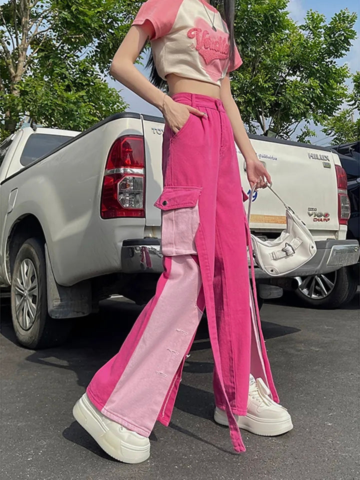 Pink Patchwork Baggy Cargo Pants