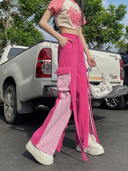 Pink Patchwork Baggy Cargo Pants