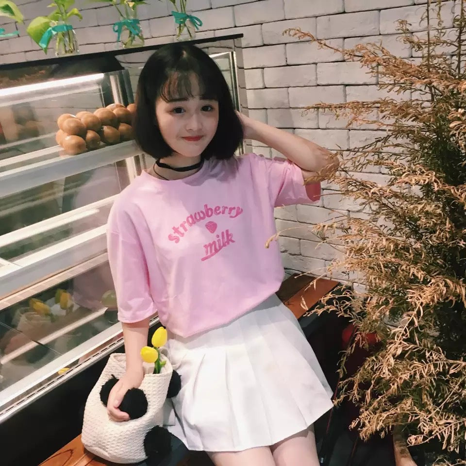 Cute Pastel Pink Strawberry Milk Causal Letter Print Short Sleeve T-shirt Top Tee Shirt E-Girl Kawaii Korean Japanese Harajuku Streetwear