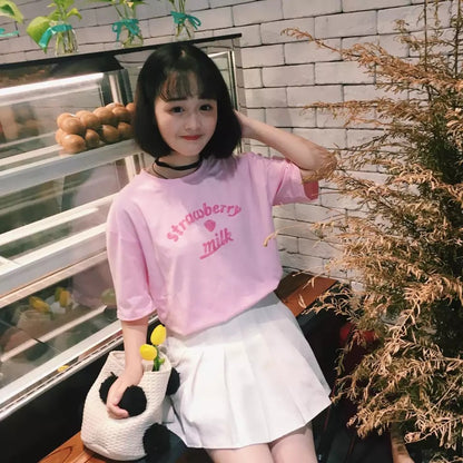 Cute Pastel Pink Strawberry Milk Causal Letter Print Short Sleeve T-shirt Top Tee Shirt E-Girl Kawaii Korean Japanese Harajuku Streetwear