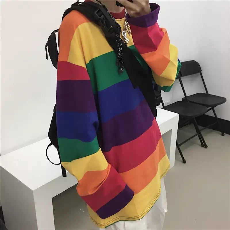 Colorful Rainbow Striped Oversize Loose Long Sleeve Shirt Top T-shirt O Neck Casual E-Girl Kawaii Korean Japanese Harajuku Streetwear