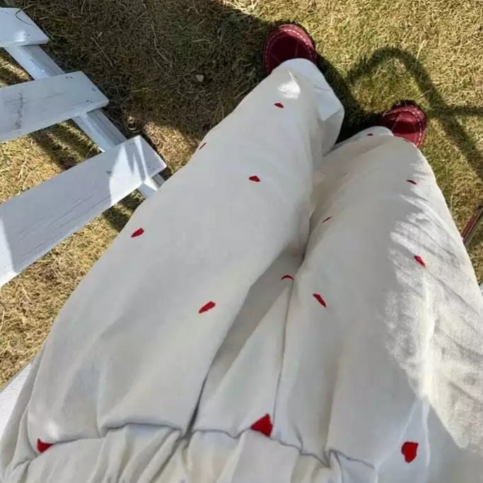 Cute Beige Love Hearts Wide Leg Pants Trouser Bottoms Aesthetic Casual Summer E-Girl Kawaii Korean Japanese Harajuku