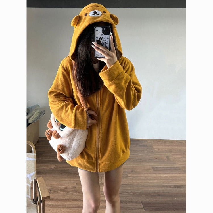 Bear Print Zip Up Hoodie