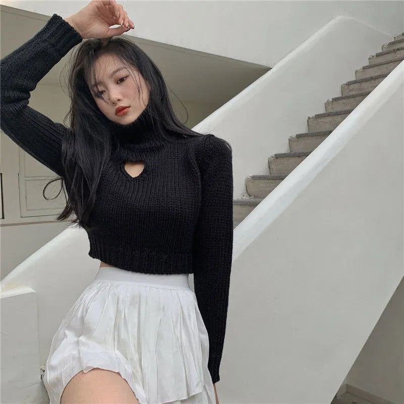 Heart Hollow Out Cropped Turtleneck Sweater