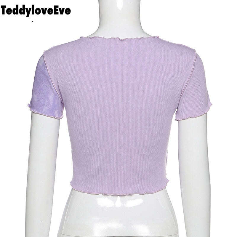 Cute Purple Sequin Ruffle Hem Patchwork Sexy Crop Top Short Sleeve Shirt Tee T-shirt Summer Casual E-Girl Kawaii Korean Japanese Harajuku Streetwear