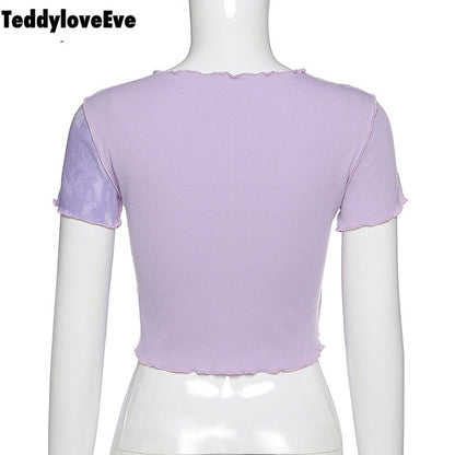 Cute Purple Sequin Ruffle Hem Patchwork Sexy Crop Top Short Sleeve Shirt Tee T-shirt Summer Casual E-Girl Kawaii Korean Japanese Harajuku Streetwear