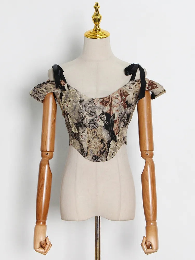 Cat Embroidery Lace Up Corset Top