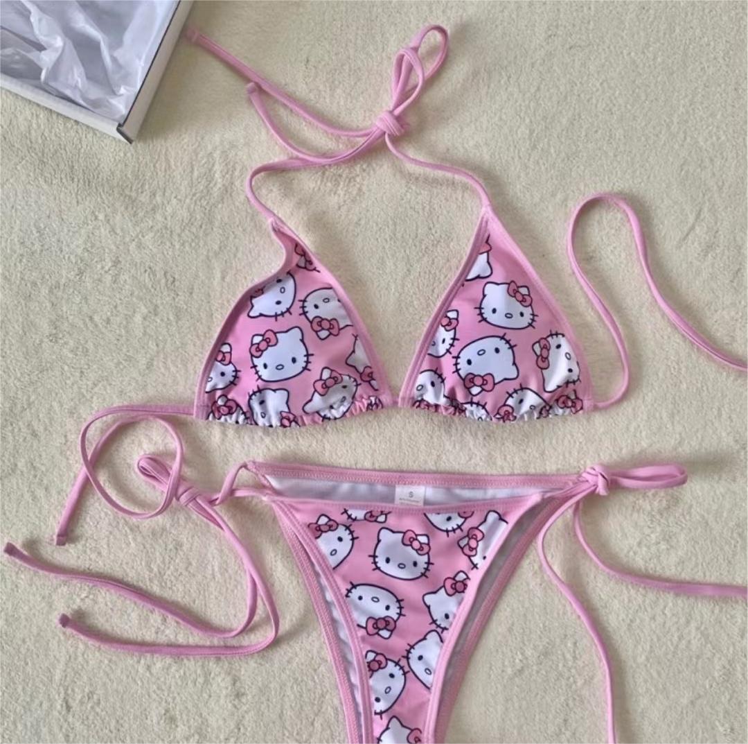 3D Pink Japanese Anime Cat Bikini Set