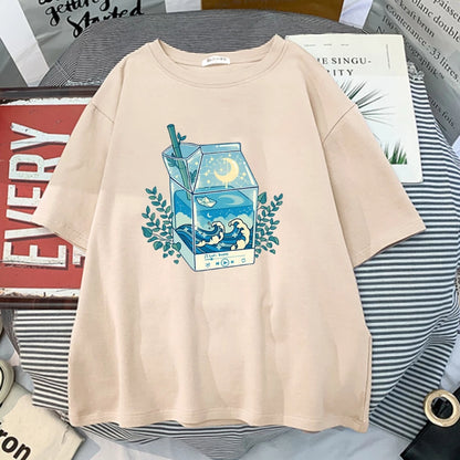 Cute Milk Box Moonlight Waves Print Crewneck Oversized Short Sleeve Shirt Aesthetic Casual E-Girl Kawaii Korean Japanese Harajuku