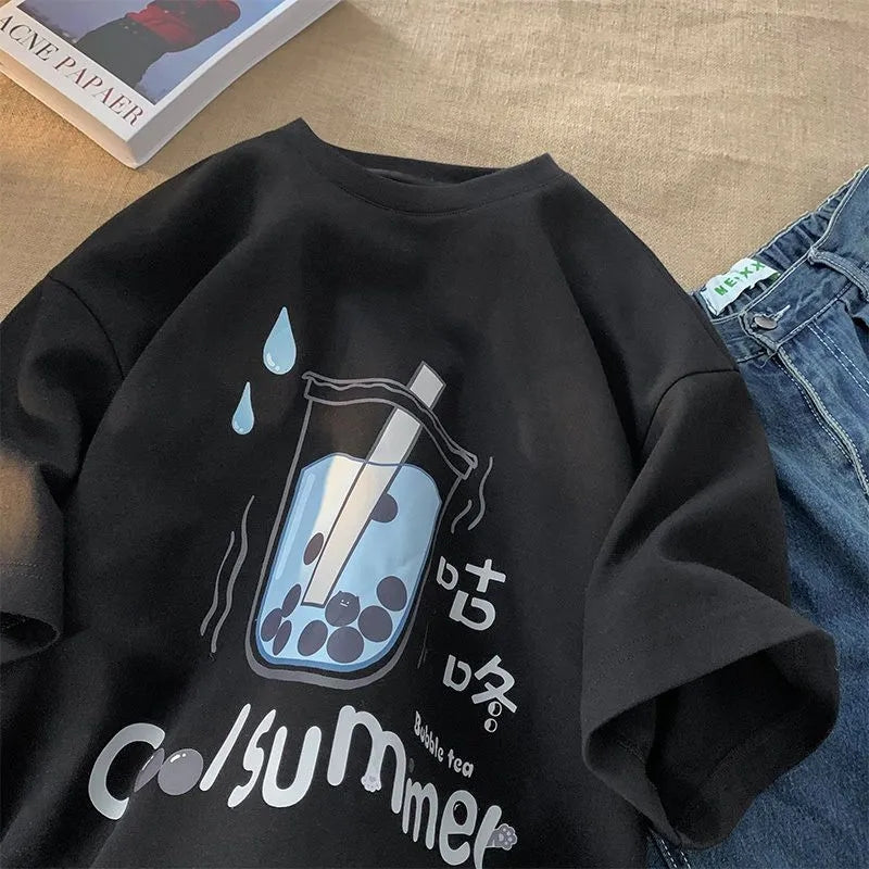 Bubble Milk Tea Print Short Sleeve T-shirt