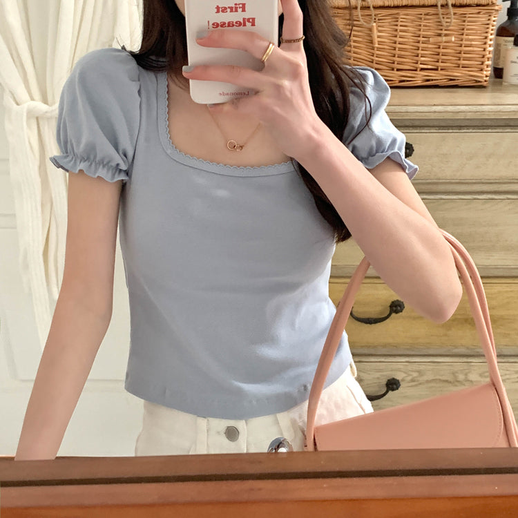 Blue Puff Sleeve Square Collar Top