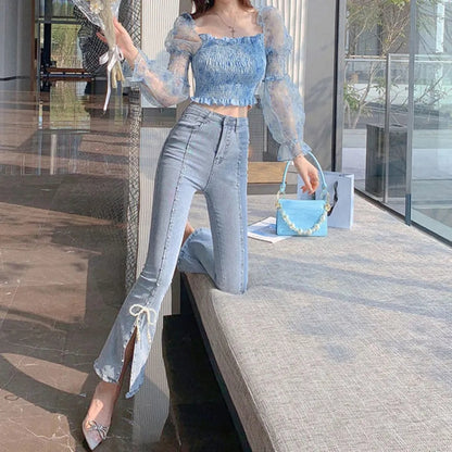 Chic Pearl Bowknot Bead High Waist Jeans