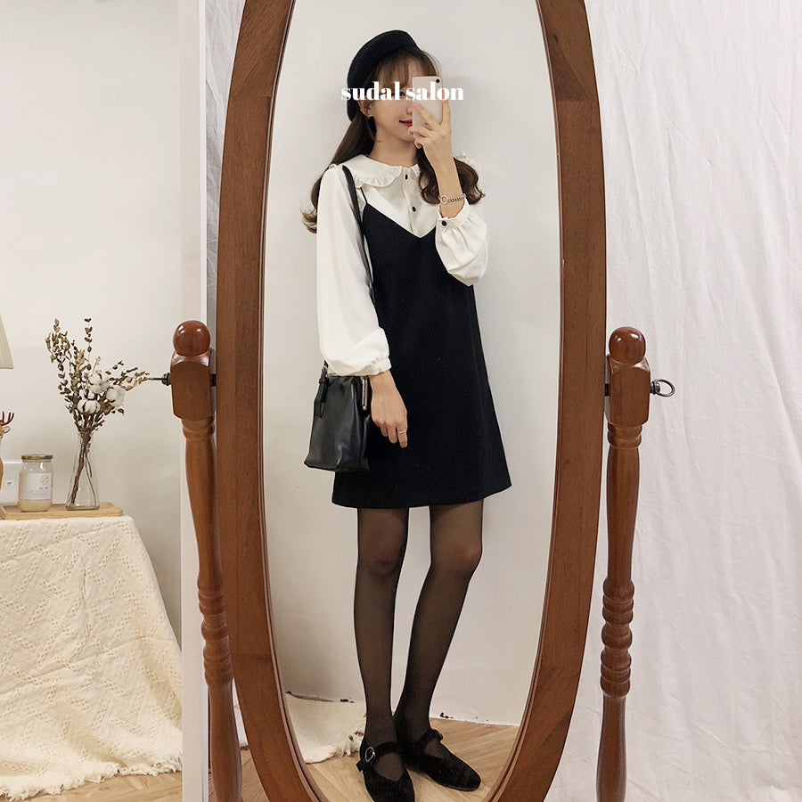 Cute 2pcs Summer Preppy White Ruffle Peterpam Collar Black Vintage V Dress E-Girl Kawaii Korean Japanese Harajuku Retro Streetwear