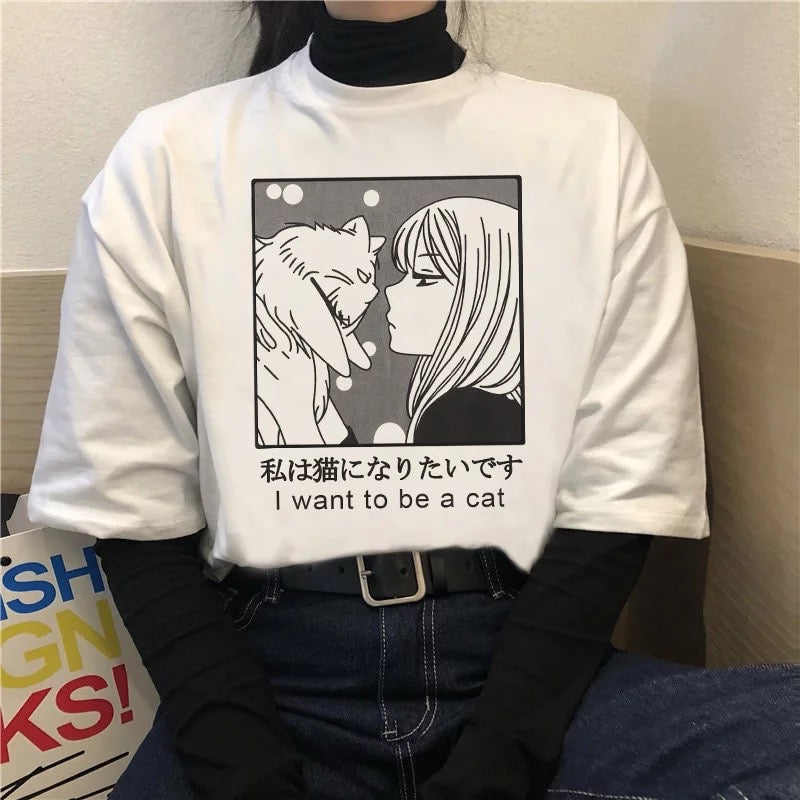 Cute Vintage Sweet Funny Cat Anime Girl Print Loose Short Sleeve Short T-shirt Tee Top Summer Casual E-Girl Kawaii Korean Japanese Harajuku Streetwear