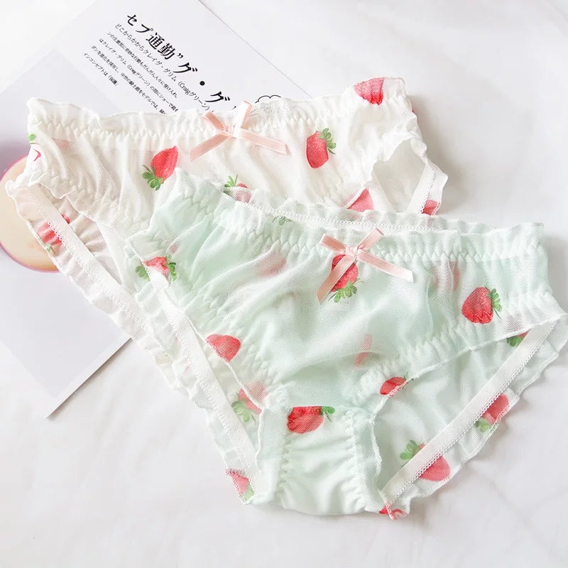 Cute Strawberry Print Ruffles Lace Brief Underwear Panties Lingerie Aesthetic Casual Summer E-Girl Kawaii Korean Japanese Harajuku