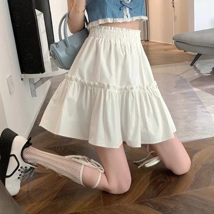 Cute White Ruffles Patchwork High Waist Mini Skirt Fairycore Pleated Preppy Aesthetic Casual Summer E-Girl Kawaii Korean Japanese Harajuku