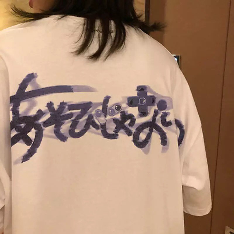 Cute White Elf Anime Girl Cartoon Print Short Sleeve T-shirt Top Oversize Loose Goth Punk Aesthetic E-Girl Kawaii Korean Japanese Harajuku Streetwear