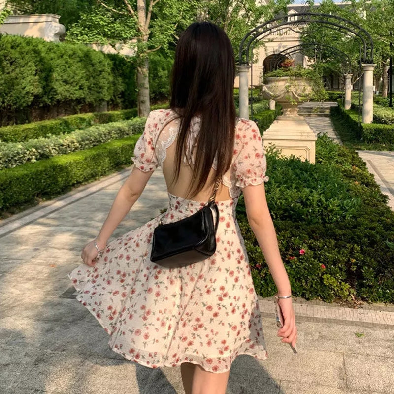 Sweet French Floral Elgeant Lace Backless Mini Dress Aesthetic Casual E-Girl Kawaii Korean Japanese Harajuku