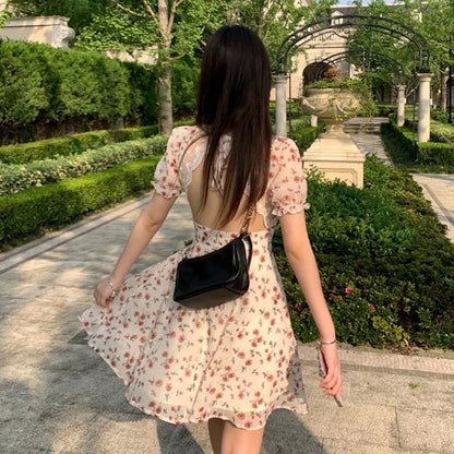 Sweet French Floral Elgeant Lace Backless Mini Dress Aesthetic Casual E-Girl Kawaii Korean Japanese Harajuku