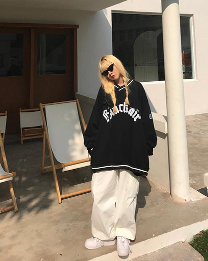 Black Letter Embroidery V Neck Long Sleeve Sweater
