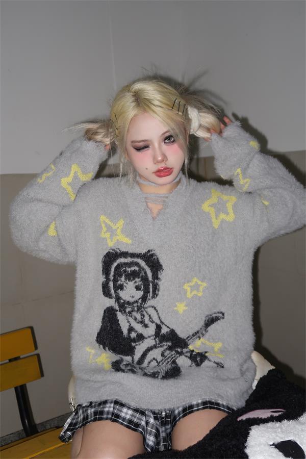 Grey Anime Girl Oversized Sweater