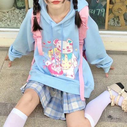 Cute Pastel Anime Girl Teddy Bear Cartoon Graphic Print Oversized Fleece Hoodie Sweatshirt Aesthetic Casual E-Girl Kawaii Korean Japanese Harajuku