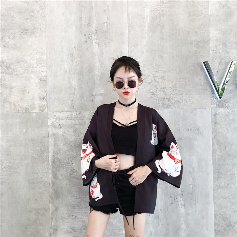 Pink Cat Blouse Kimono Cardigan Cartoon Print Loose Blouse Long Sleeve Shirt T-shirt Top E-Girl Kawaii Korean Japanese Harajuku Streetwear