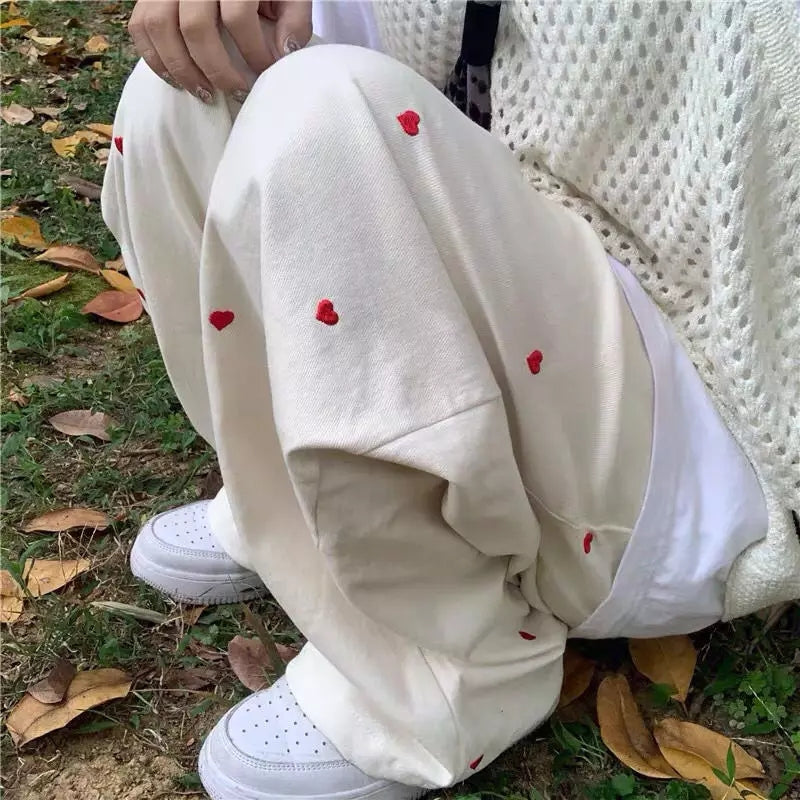 Cute Beige Love Hearts Wide Leg Pants Trouser Bottoms Aesthetic Casual Summer E-Girl Kawaii Korean Japanese Harajuku