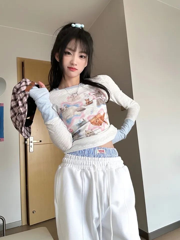 Kawaii Cat Print Long Sleeve T-shirt