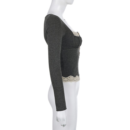 Grey Patchwork Square Neck Collar Long Sleeve Shirt