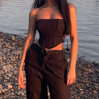 Sexy Black Corset Lace Tie Up Bustier Crop Top Sleeveless Strapless Vest Party Club Aesthetic Goth E-Girl Kawaii Korean Japanese Harajuku Streetwear
