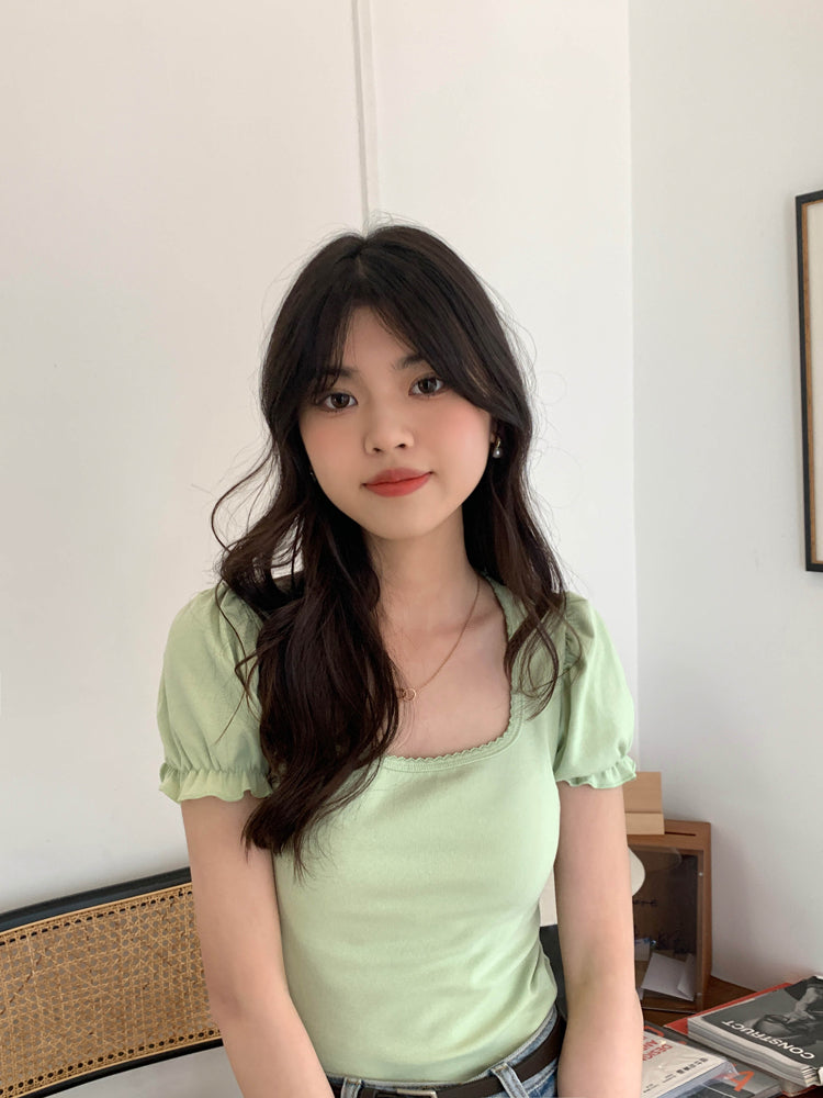 Green Puff Sleeve Square Collar Top