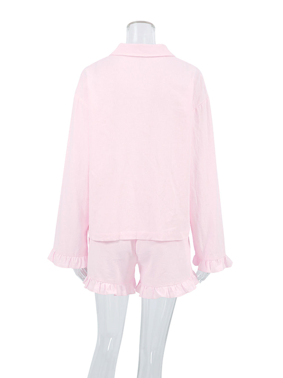 2PCS Pink Ruffle Long Sleeve Shirt + Shorts Pajama Set