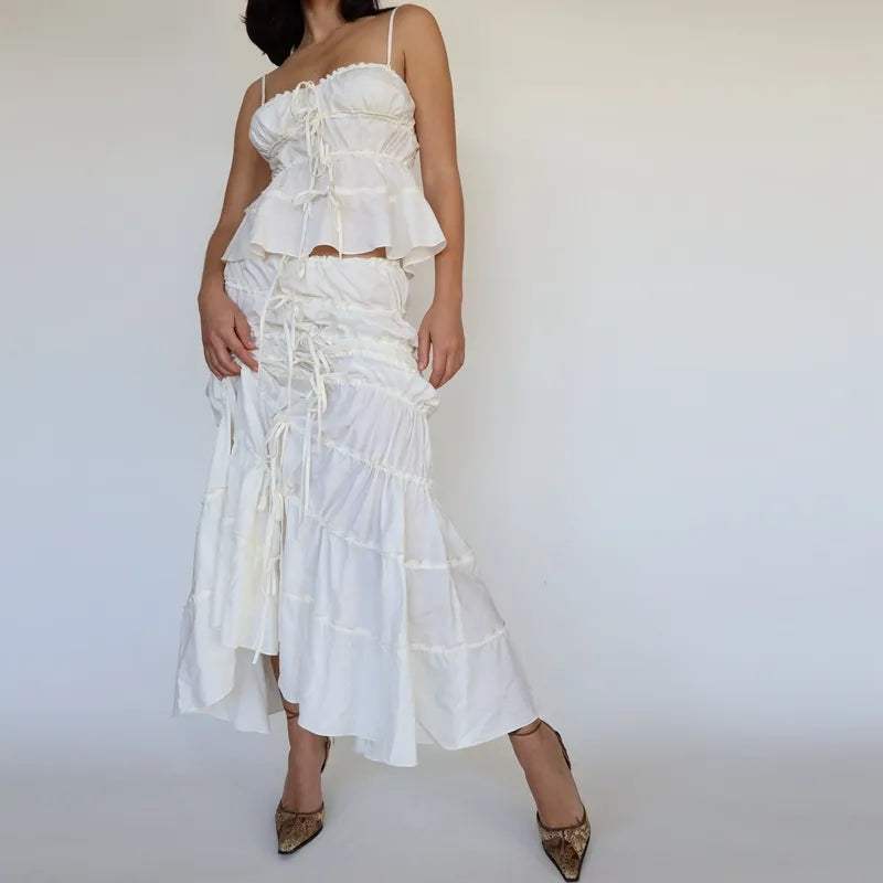 2PCS White Ruffle Camisole + High Waist Long Skirt